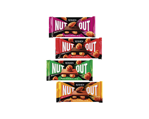 Шоколад чорний, молочний Nut Out з цілим мигдалем, фундуком, 90 г Roshen™