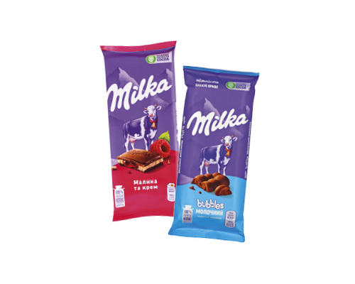 Шоколад молочний з начинкою крем-малина, 90 г, Bubbles пористий, 80 г Milka™