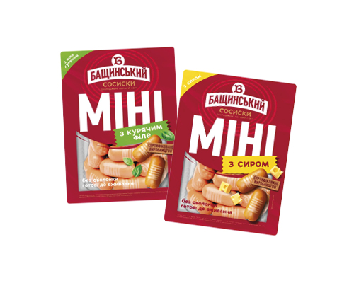 Сосиски «Міні з курячим філе», «Міні з сиром», 350 г Бащинський™