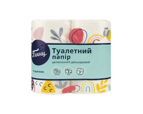 Папір туалетний білий 2-шаровий, 4 рулони Глянц™