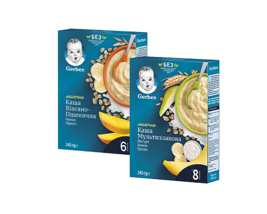 Каша молочна вівсяно-пшенична банан-манго, мультизлакова йогурт-банан-груша, 240 г Gerber™