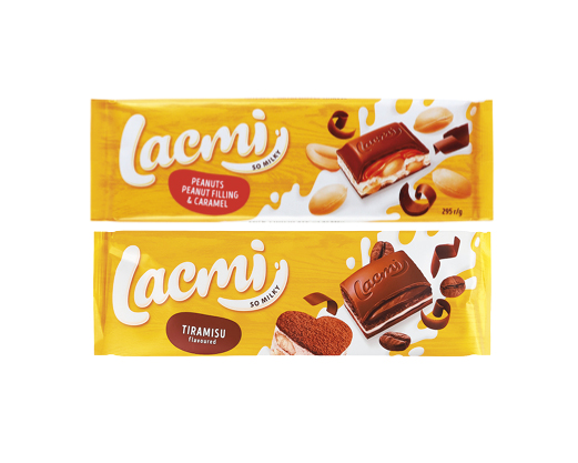 Шоколад молочний Lacmi з молочно-шоколадною начинкою, вафлею з какао, 235 г, смак арахіс-карамель, 295 г, смак тірамісу-печиво, 270 г Roshen™