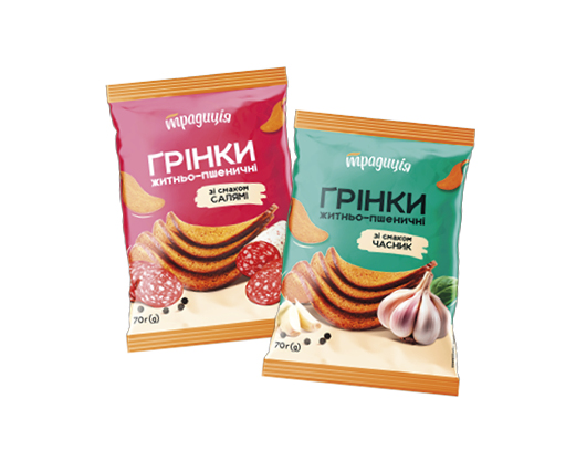 Грінки житньо-пшеничні зі смаком часник, салямі, 70 г Традиція™