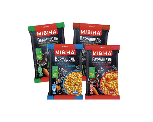 Вермішель швидкого приготування зі смаком курячого бульйону негостра, гостра, грибів, сиру та зелені, креветок, 59.2 г Мівіна™