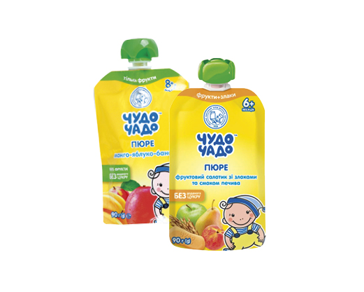 Пюре фруктовий салатик зі злаками та смаком печива, манго-яблуко-банан, яблуко-банан без цукру, 90 г Чудо-чадо™