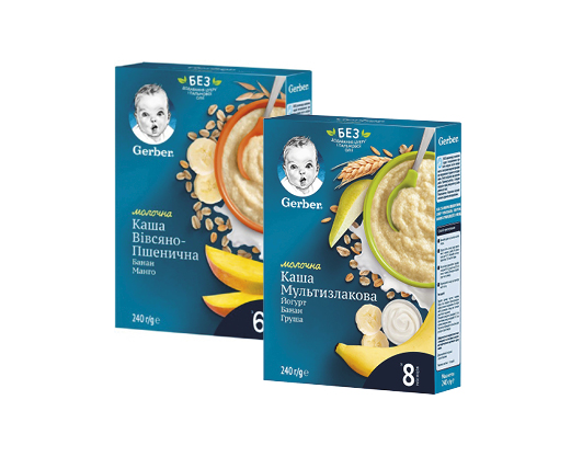 Каша молочна вівсяно-пшенична банан-манго, мультизлакова йогурт-банан-груша, 240 г Gerber™