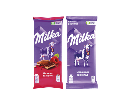 Шоколад молочний зі смаком полуниця-крем, малина-крем, 90 г, пористий Bubbels, 80 г Milka™