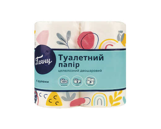 Папір туалетний білий 2-шаровий, 4 рулони Глянц™