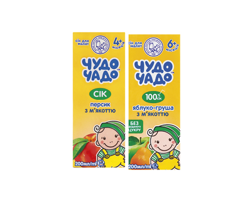 Сік персик, яблуко-груша з м’якоттю, виноградяблуко, банан-яблуко з м’якоттю, 0.2 л Чудо-Чадо™