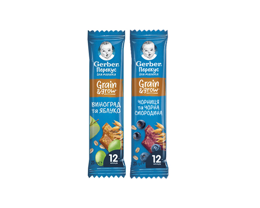 Батончик фруктово-злаковий яблуко та виноград, чорниця та чорна смородина, 25 г Gerber™