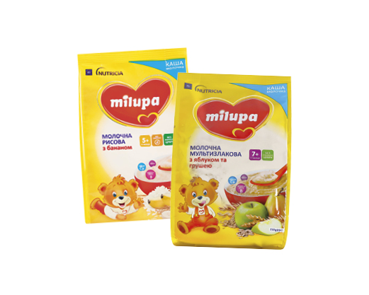 Каша молочна рисова з бананом від 5 місяців, манна з фруктами, вівсяна від 6 місяців, мультизлакова яблучно-грушева від 7 місяців, полуниця-банан, 210 г Milupa™