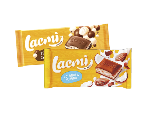 Шоколад молочний Lacmi мигдаль та кокосовий крем, 84 г, Fun Crispy, 85 г Roshen™