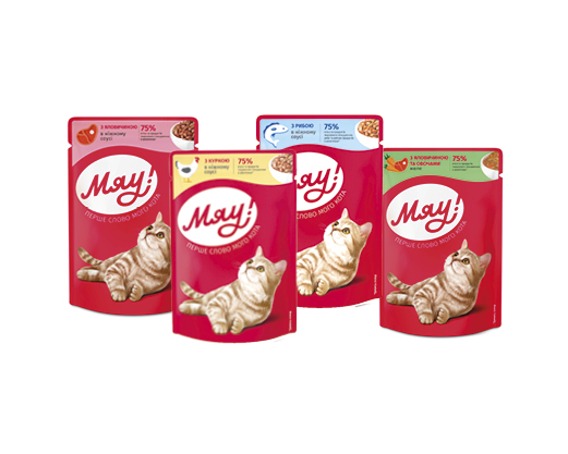 Корм для котів курка, риба, яловичина в ніжному соусі, желе яловичина-овочі, 85 г Мяу!™