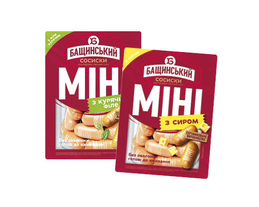 Сосиски «Міні з курячим філе» 350 г, «Міні з сиром», 300 г Бащинський™