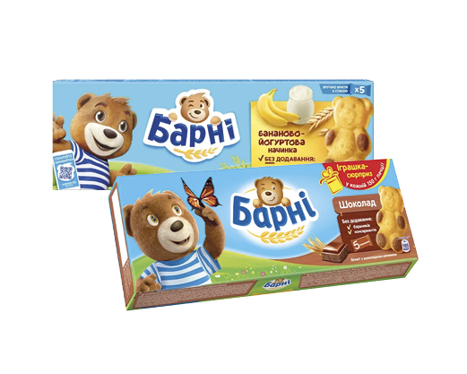 Бісквіт з начинкою банан-йогурт, шоколадною начинкою, 150 г Барні™