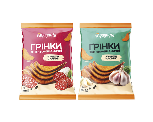 Грінки житньо-пшеничні зі смаком часник, салямі, 70 г Традиція™